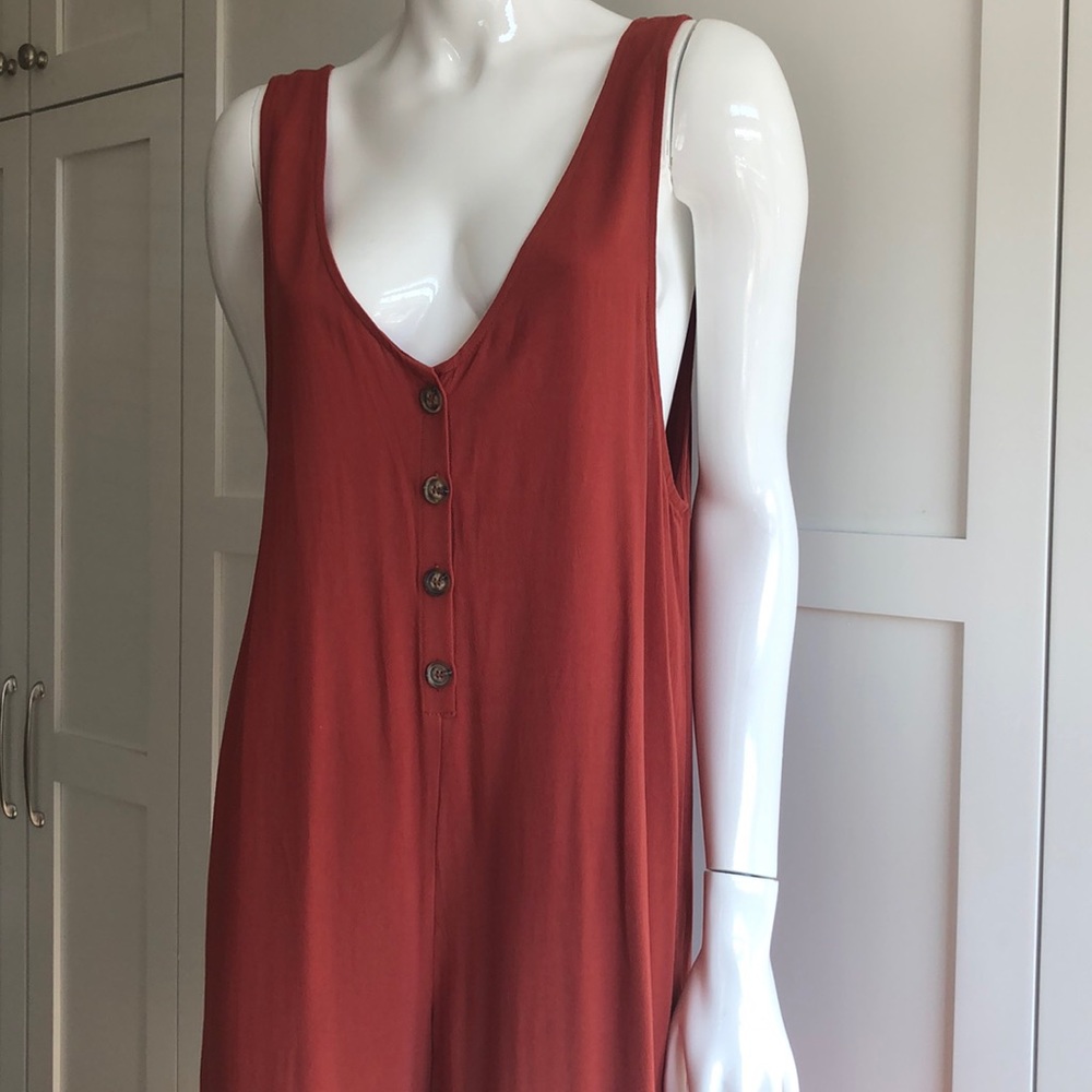Brick rust orange red sleeveless deep v jumpsuit - Picture 2 of 8